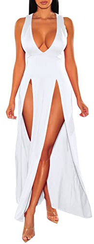 Robe Fendue Femme Deep V, Robe Ete Femme sans Manches Longue Sexy Couleur Unie Coupe Slim Ourlet Ample Chic Et Élégants Hot Luxe Charme Mature Tempérament Dress Confortable pour Clubbing Party