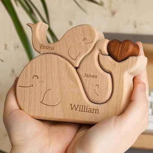 Drawelry Personalisiert Tierfamilie Holzpuzzle mit Namen Schnitzerei Skulptur Wald Wolf Fuchs Bär Kaninchen Welpe Katze Holzstatue Valentinstag Weihnachten Geschenk für Papa Mama Paar (Wal)