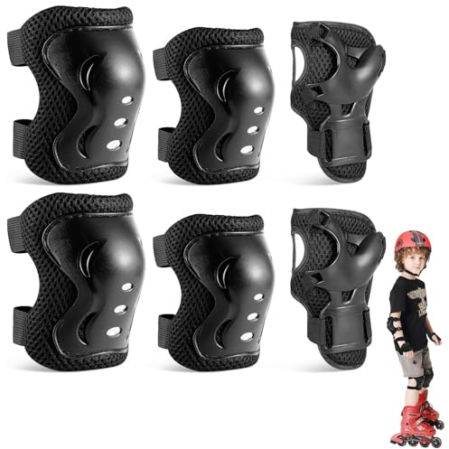 Knieschoner Kinder Set 6 in 1 – Komplettschutz mit Knie-, Ellbogen- & Handgelenkschonern für Skateboard, Inliner, Fahrrad & Hoverboard | Für Kinder 3-12 Jahre (Schwarz)