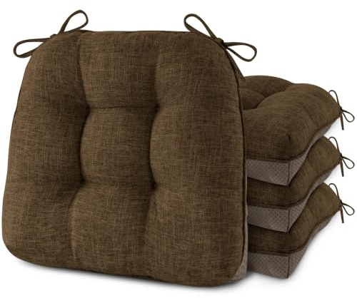 FlyGulls 4 Pack Seat Cushions for Dining Chairs 40 x 40 x 8cm Coffee | Thick Linen Kitchen Seat Cushions, Non-Slip , Indoor Office , with 11 Inch Ties, for Office Workers, Middle-Aged and Older