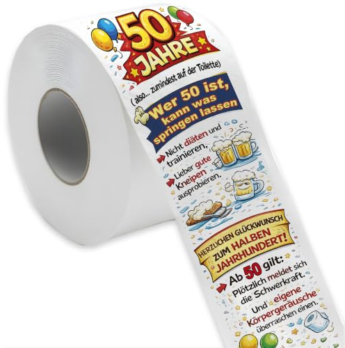 BOMBO Toilettenpapier 50. Geburtstag mit Comicdruck und Scherzzertifikat | scherzartikel 50 geburtstag