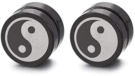 Herren Jungen 10MM Magnetische Silber Schwarz Kreis Yin-Yang Ohrstecker Ohrringe Click-on Fake Piercing Fakeplug Tunnel