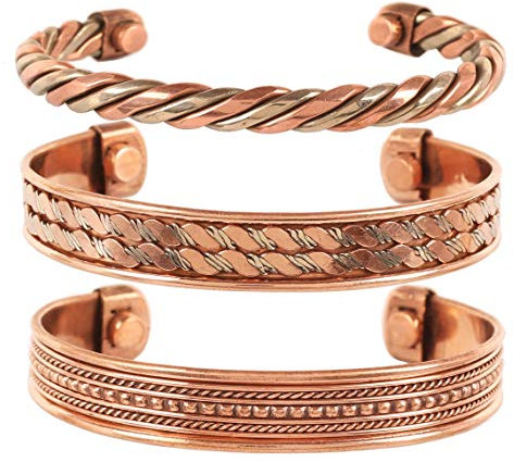 Touchstone Copper Magnetarmband im tibetischen Stil. Handgeschmiedet aus massivem und hochfestem reinem Kupfer. Set mit 3 verschiedenen Designs und 3 Metalltönen.