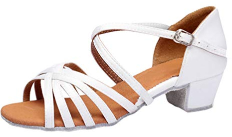 LaoZan Women Children Girl's Latin Dance Shoes Ballroom Performance Training Tango Salsa Dance Sandal Shoes (White, Size 37)