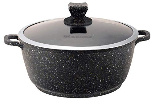SQ Professional NEA Marbell Die-Cast Aluminium Stockpot with Marble Effect Non-Stick Coating - Tempered Glass Lid with Steam Vent Casserole pan- Stew pots (Nera, 32cm)