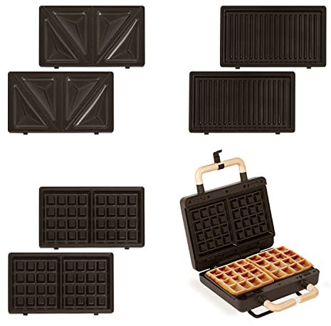 CREATE/STONE STUDIO/Doppelter Sandwichmaker und Grill in Schwarz / 3 austauschbare Platten: Grill, Waffel und Sandwich, Antihaftbeschichtung, 100º Öffnung, 2 Scheiben, Retro-Stil, 800W