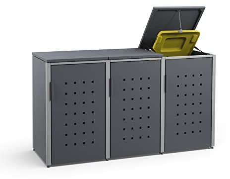 MEISTERBOX – 3er Mülltonnenbox Mülltonnenverkleidung mit Klappdach - 240L - Korpus & Dach Anthrazit/Pfosten Signalgrau