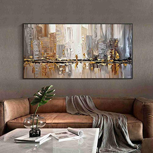 Pittura Ad Olio Dipinto A Mano Su Tela,100% Dipinti A Mano Il Lago E La Città Di Architettura Coltello Tavolozza Quadri Dipinti A Mano Il Dipinto A Olio Su Tela Parete Moderna Tecnica Per Soggiorno