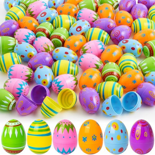 JOYIN 100 Pcs Plastic Printed Bright Easter Eggs 2.3 Tall for Easter Hunt, Basket Stuffers Fillers, Classroom Prize Supplies, Filling Treats and Party Favor
