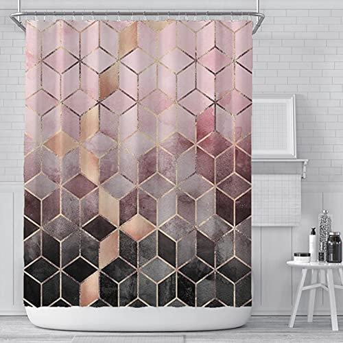 Shamdon Home Collection Geometriemuster Duschvorhang, 180x200cm, Anti-Schimmel, Wasserdicht, Textil-Vorhang Waschbar Badvorhang Polyester Stoff mit 12 Duschvorhangringen Rosa