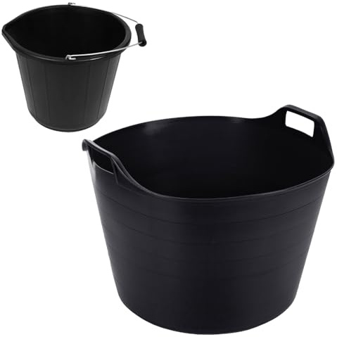 Set of 2-Strong Plastic Builders Bucket 3 Gallon Water Storage Bucket Handle With 75 Litre Heavy Duty Large Garden Home Flexible Storage Container Bucket Polyethylene Flexi Tub (Black)