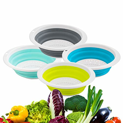 Collapsible Colander Silicone with Heavy Duty Handle Assorted Color Kitchen Food Strainer Foldable Filler Space Saver Basket for Draining Pasta Fruits Vegetables Spaghetti and Rice 1pc