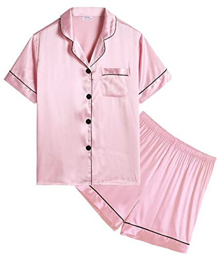SWOMOG Girls Silk Pyjamas Short Sleeve Sleepwear Kids 2Pcs Satin Button-Down PJ Sets Nightwear