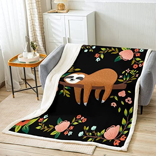 Homewish Kawaii Faultier Überwurfdecke süßes Blumentier Faultier Bettdecke schönes Tier Faultier Plüschdecke AST Schwarz Braun Fuzzy-Decke Cartoon-Tier Schlafzimmerdekoration, 150 x 200