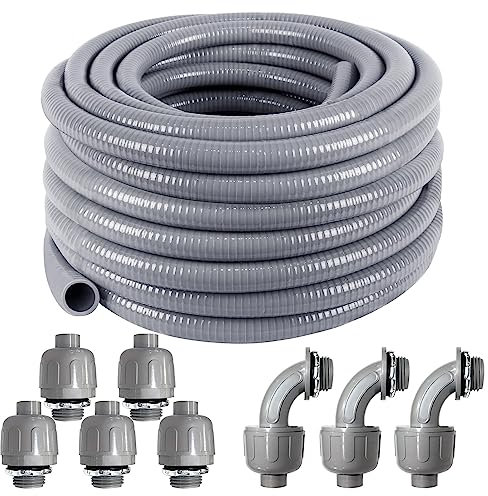 Liquid-Tight Conduit 50 ft and 8 Pieces of Connector Kit,Electrical Conduit 1/2 Flexible Non Metallic Conduit UL Certification,Flexible Conduit with 5 Straight and 3 Degree Conduit Connector Fittings