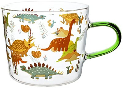 Sizikato Tazza da colazione in vetro borosilicato con manico, 425,2 g, tazza per cereali, latte, motivo dinosauro e pianta