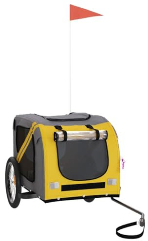 vidaXL Fahrradanhänger für Hunde, Hundeanhänger mit Reflektoren Flagge, Hundetransporter Maximale Belastbarkeit 45kg, Gelb Grau Oxford-Gewebe Eisen