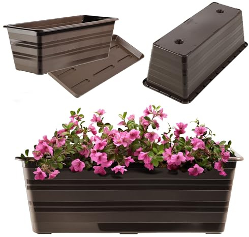 KADAX Blumenkasten 40 cm mit Untersetzern Braun, Balkontopf aus Kunststoff, Witterungsbeständiger Pflanz-Kasten, Blumentopf, Geländerkasten für Blumen, Kräuter