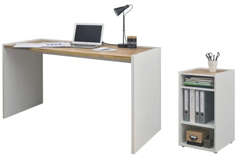 Furn.Design Büromöbel Set in weiß und Eiche Wotan mit Schreibtisch und Regal modern für Homeoffice und Büro Schreibtisch mit Unterschrank Center (Set 2)