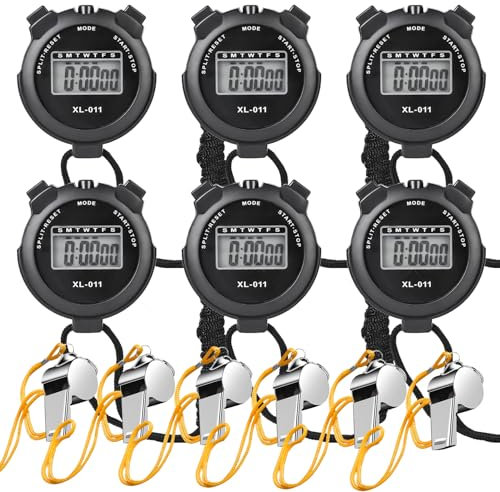 Digital Sport Stoppuhr Timer,6 Stück Handheld Chronograph,Digitaler Sport Stoppuhr Timer Kommt Mit 6 Pfeifen,wasserdichte,Wecker,Kalender,Digitale Stoppuhr Für Sport,Schwimmen(Schwarz)