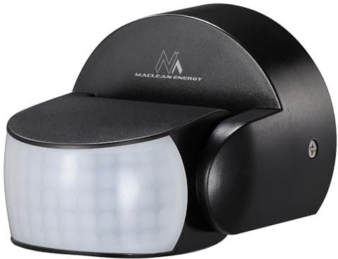 Maclean MCE468 PIR Bewegungsmelder mit Dämmerungssensor, Einstellbar, Neigbar, 180° Arbeitsfeld bis zu 12m Reichweite, IP65 (Schwarz)