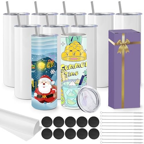 MSYU Lot de 10 gobelets vierges fins pour sublimation - 591 ml - Isolation à double paroi avec couvercles, paille, fond en caoutchouc - Boîte cadeau individuelle