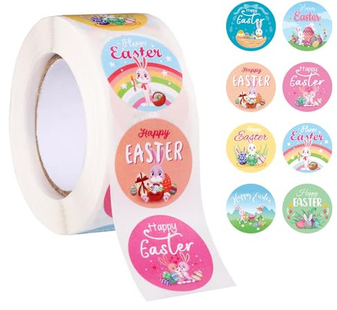 500st Osteraufkleber, Ostereier Aufkleber Rolle 8 Designs Selbstklebend Frohe Ostern Aufkleber Dekorative Osteretiketten für Kinder Scrapbooking Geschenkumschläge Basteln Partyzubehör