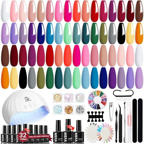 MEFA 54 Pcs Gel Nail Kit with 48W UV Lamp, 32 Colors Pink Red Orange Gel Nail Polish Set with Base and Matte Glossy Top Coat Nail Art Decorations Manicure Tools DIY Salon Home