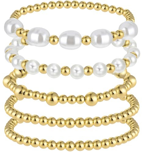 Yolev 5 Stück Perlen Armbander für Damen Gold Damen Perlenarmband stapelbares Perlen Stretch Armbänder Strand Armband Fußkettchen für Damen Party Schmuck