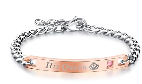NMQLX His Queen Zirkon Armband: „His Queen“funkelndes strassbesetztes Paararmband aus Edelstahl Das schillernde Versprechen einer Welt für zwei