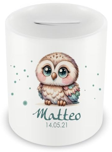 Samunshi® Kinder Spardose mit Namen und Baby Eule als Motiv für Kinder - Jungen und Mädchen Sparschwein 330ml weiß