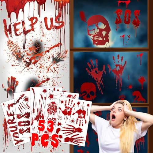 Halloween Deko Innen Fensterbilder Sticker, 200cm Halloween Fensterdeko GroßE HaustüR Deko Gruselig Fenster, Halloween Deko Outdoor Wall TüR Blut HandabdrüCke FußAbdrüCke Horror Aufkleber Accessoires