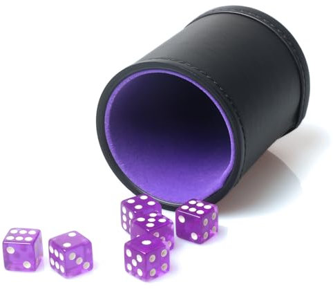 RERIVER Würfelbecher-Set aus PU-Leder, violetter Samt, Innenwürfel-Shaker, leise mit 6 violetten, durchscheinenden Würfeln für Liars Würfel, Farkel, Yahtzee Spiele, 1 Packung