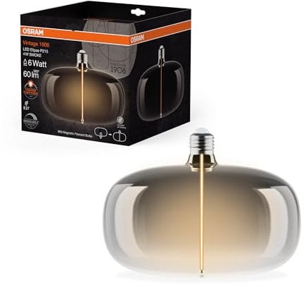 OSRAM Vintage 1906 Big Elipse ist eine dimmbare LED-Lampe mit Filament in Ellipsenform. Sie bietet 4 W für 60 lm, E27 Fassung, Smoke Design, 215 mm Durchmesser, Farbwiedergabe CRI 80, 1800 K.