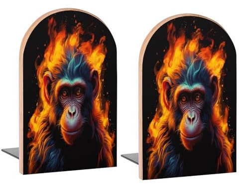 Buchstützen mit Feueraffe, dekorative Holz-Buchstützen für Regale, Schreibtisch, Heimbüro, Buchstopper für Zeitschriften, Bücher, DVDs, 2 Stück