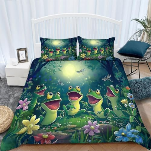 3D Bettwäsche Set mit singenden Fröschen im Mondschein – Fantasievolles Froschmotiv mit Blumen und Libellen, Mikrofaser Bettbezug 135 x 200 cm + 2 Kissenbezüge 80 x 80 cm, Kinder & Erwachsene