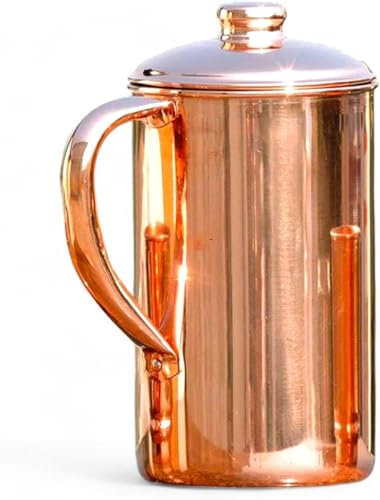 HEALTHANDWEALTH® Pure Copper Pitcher for Ayurvedic Health Benefits 1.5 Liter Handcrafted Copper Water Jug with Matching Lid | for Serving More Water with Family