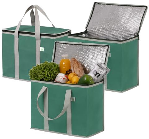 VENO 29 Liter Einkaufstasche Wiederverwendbare Faltbar Kühltasche Einkaufskorb, Groß Picknickkorb Robuste Isoliertasche Lunchtasche, Aufrecht Stehend Thermotasche (Grün, 3er-Pack)