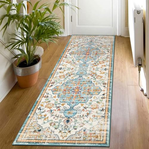 SHACOS Boho Teppich Läufer Flur 60x180 cm Beige Kurzflor Flauschiger Teppichläufer Flur rutschfest Weich - Küchenteppich Waschbar- Vintage Teppich Läufer für Flur, Küche, Schlafzimmer