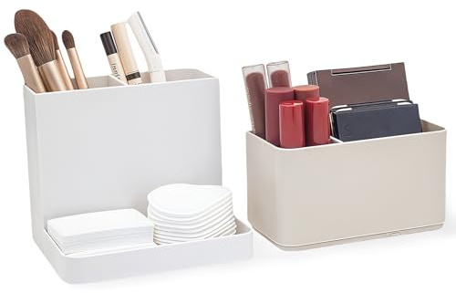 SLHEQING Organizer per trucchi, cosmetici, con portapennelli, rimovibile, con 2 divisori rimovibili per profumo, skincare, pennelli, rossetti (albicocca)