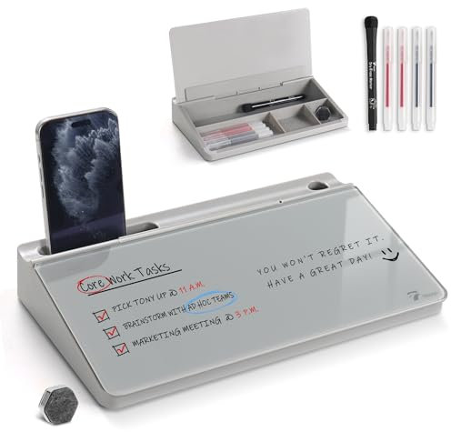 TOWON Small Glass Desktop Whiteboard with Storage – 30 x 17 cm Dry Erase Board for Desk, Home Office, School | Includes 5 Markers, Eraser & Holder | Space-Saving Organizer, Aesthetic Grey Design