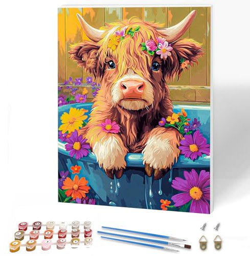 KEYIFA Kuh Blume Malen Nach Zahlen Erwachsene mit Rahmen, Malen Nach Zahlen Kits mit Pinseln und Acrylfarben, DIY Ölgemälde Set Malen Basteln Leinwand Bild Erwachsene, Home Deko 30x40cm