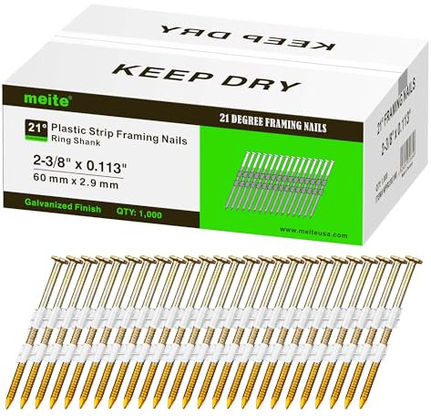 meite 21 Degree Framing Nails 2-3/8-Inch, Full Round Head Galvanized Finish (1,000 Counts) Ring Shank for 20-22 Degree Plastic Collated Framing Nail Guns