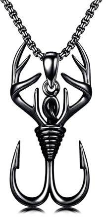 PROESS Black Fish Hook Necklace for Men 925 Sterling Silver Deer Antler Pendant Necklace Antler Fish Hook Hunting Jewellery for Father Fathers Day Christmas