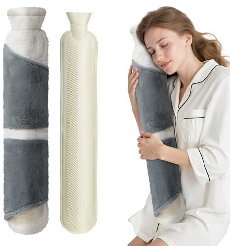 Warmwasserflasche, URBZUE Wärmflasche mit weichem Bezug, Wärmflasche lang 2L weich Hände stecken in 2 Taschen Bettflasche Gummi lange Wärmeflasche für Wärmetherapie, Nacken, Bauch, Taille