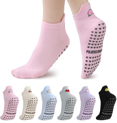 kodinsiivous 6 Paar Pilates Socken Damen Yoga Socken mit Grip-Sohle | Baumwolle Reformer Pilates Socken Mustern wie Herz Gänseblümchen Pfirsich EU 35-40 für Pilates Ballett Tanz Reha Fitness