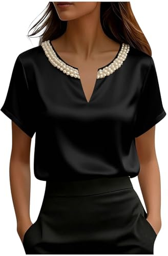 Top da donna in raso di seta con scollo a V camicie estive a maniche corte eleganti camicette da donna con perline casual magliette allentate business ufficio lavoro t-shirt sera festa uscire pullover