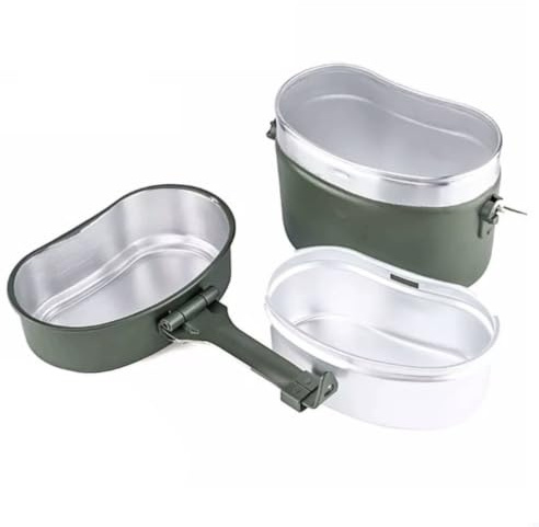 Wenoup Aluminum Lunch Container Backpacking Mess Kit Cookware Pot Pan Set With Skillet Lid Lightweight Aluminum Alloy With, German Style Military Green Mess Tin Without Stove Rack