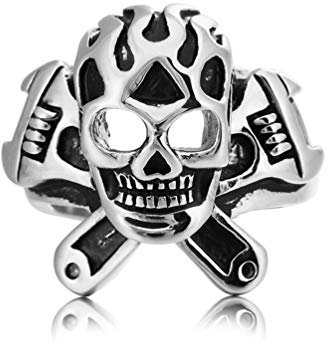 Steampunk Skull Spanners Cross Ring Silver Plated Titanium Steel High Polished Biker Band for Men
