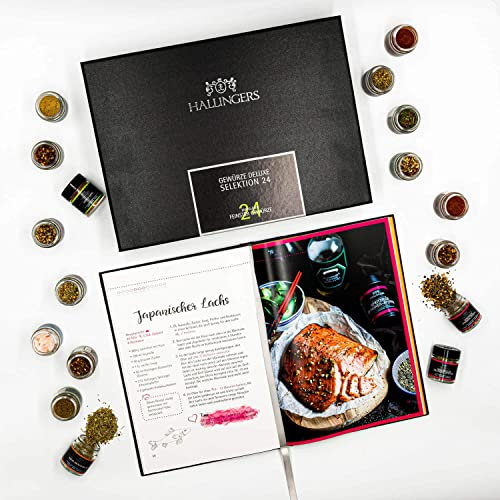 Hallingers 24er Gewürz-Set & Happiness is handmade - Gewürz Geschenkset handmade, Bundle 24 Gewürze & Kochbuch (Set) - Geschenk im Sommer & als perfektes Grillgeschenk | Neues Zuhause Glückwünsche Fre